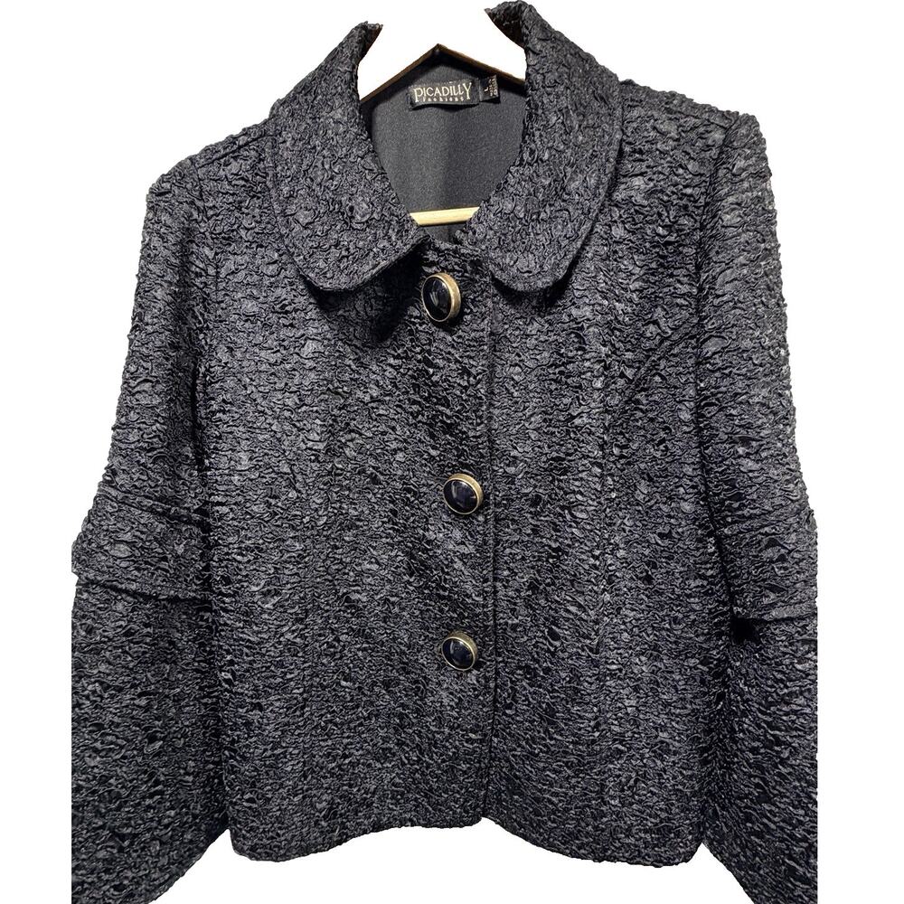 Picadilly Fashions Textured Boucle Crop Jacket L Peter Pan Collar Charcoal Gray